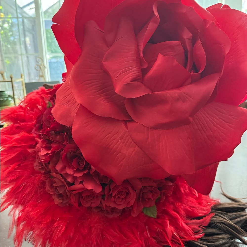 Vibrant Red Floral and Feather Hat